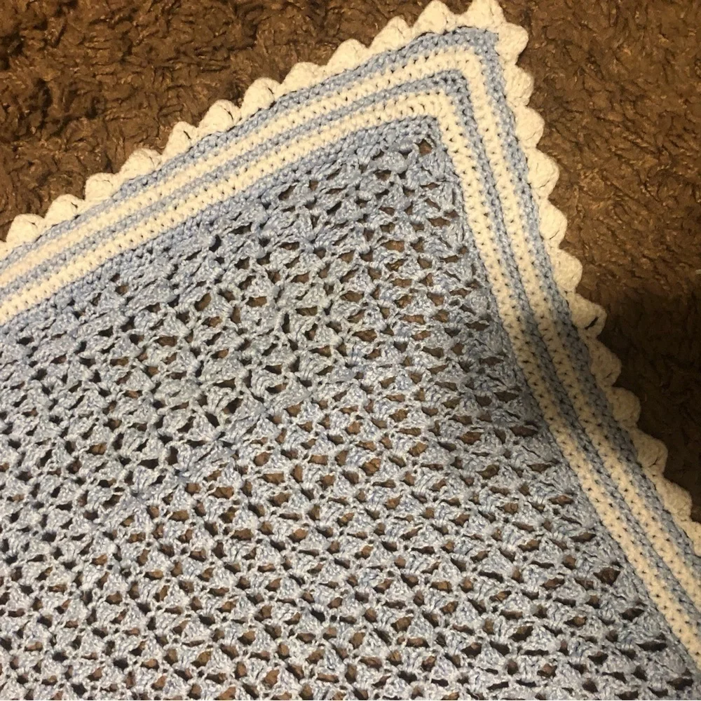 Blue Baby Blanket Hand Made Crochet White Border